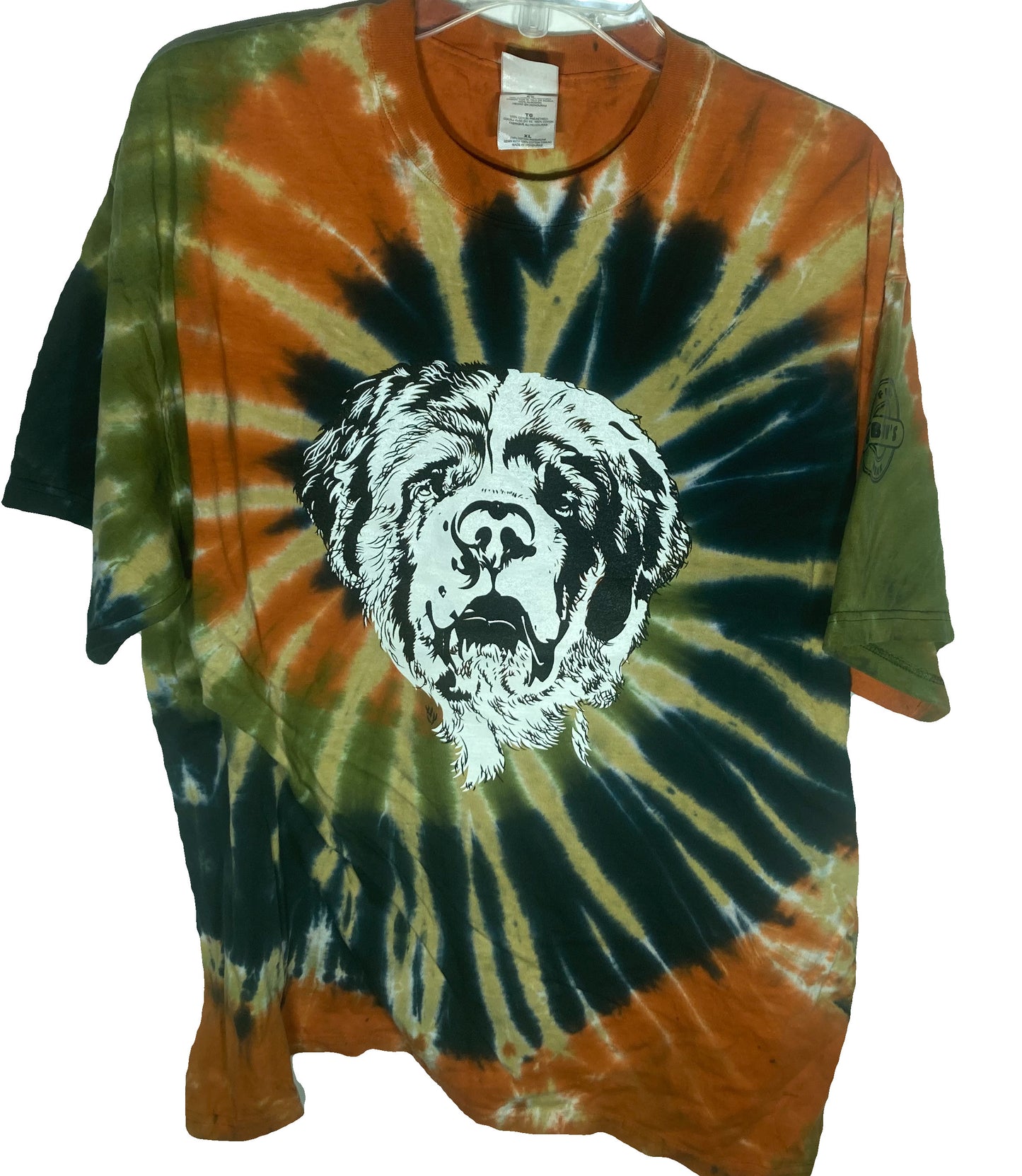Tie-dye "Earth Day" themed T-shirt from Gibsons Funk Wear featuring a large black and white graphic of a dog's head on a colorful background with green, orange, and black radial patterns.