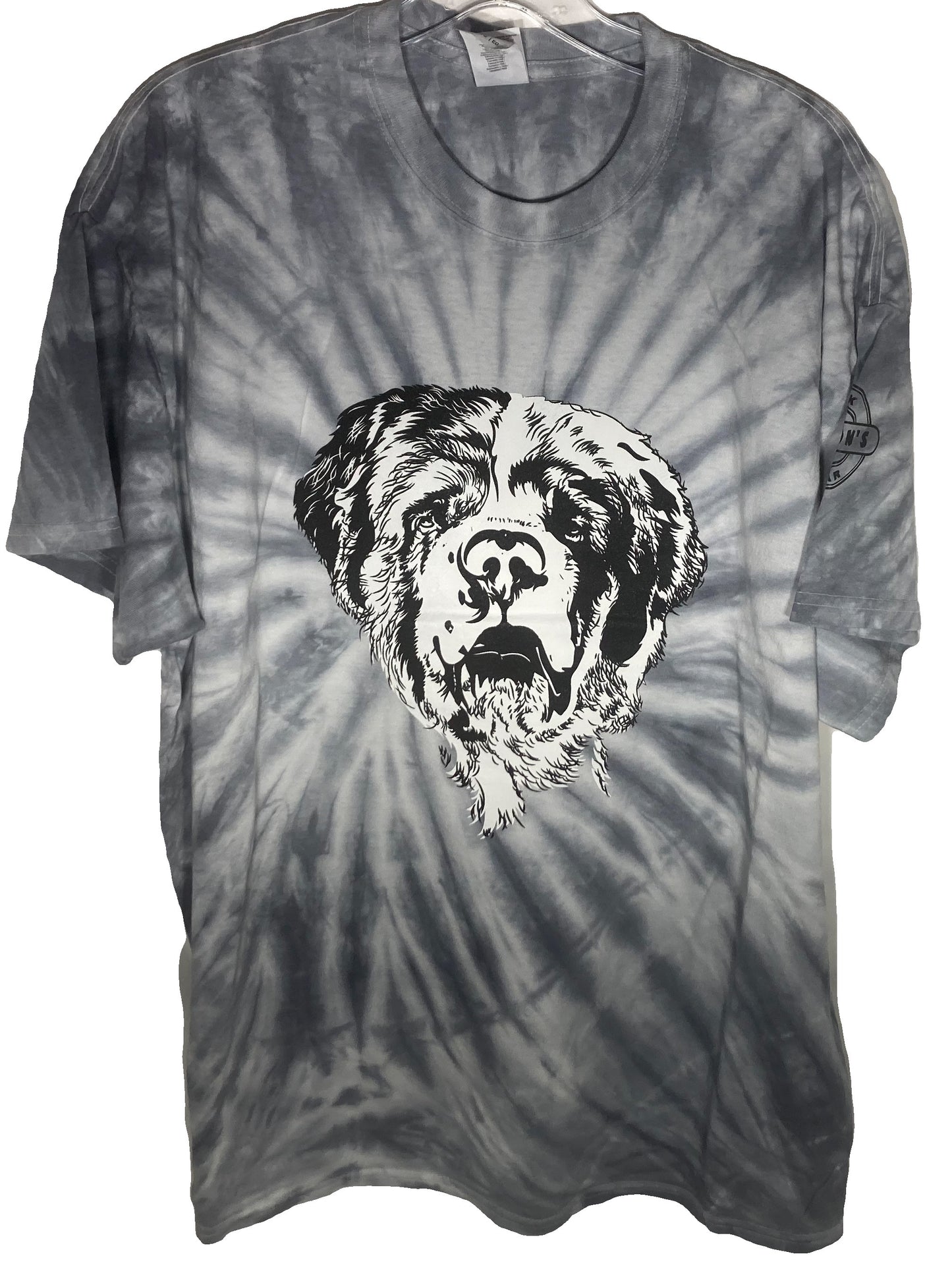 Gray tie-dye T-shirt featuring a large black and white graphic of a Saint Bernard dog's face on the front, with a logo detail on the right sleeve, from Gibsons Funk Wear.