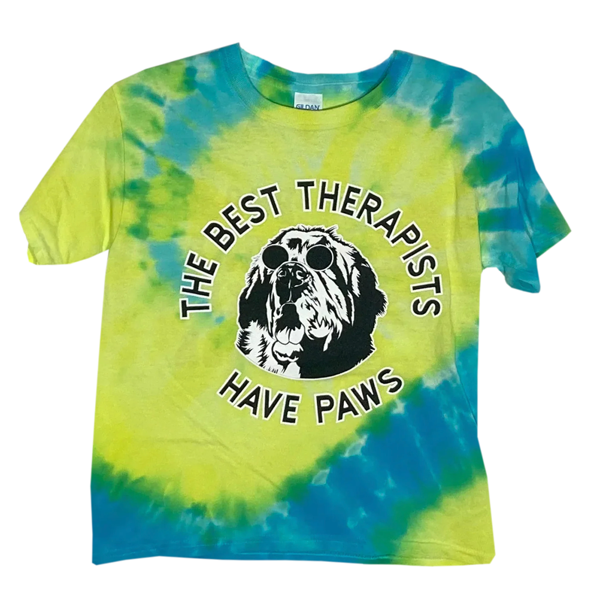Alt text: "Kuai Delite tie-dye T-shirt in blue and green featuring a black and white graphic of a dog wearing sunglasses and the text 'The Best Therapists Have Paws'."