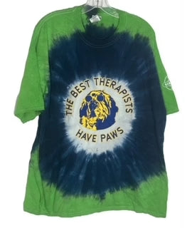 Green and blue tie-dye T-shirt with "The Best Therapists Have Paws" text and an image of a dog and cat encircled in yellow.