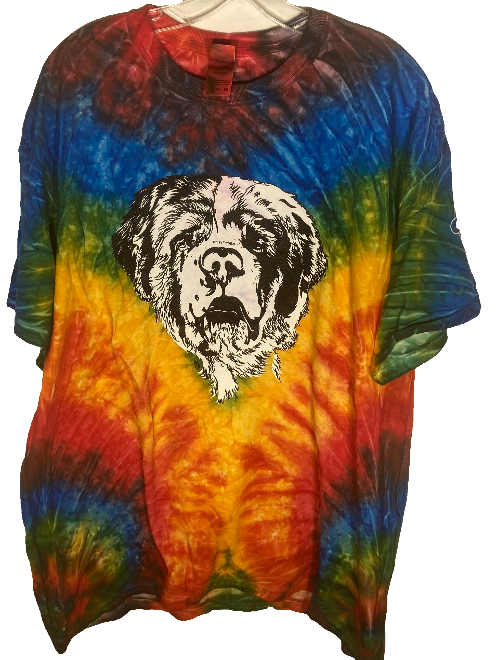 Colorful tie-dye t-shirt featuring a large black and white graphic of a dog's head on the chest, displayed on a hanger. The shirt showcases vibrant red, blue, green, and yellow patterns.