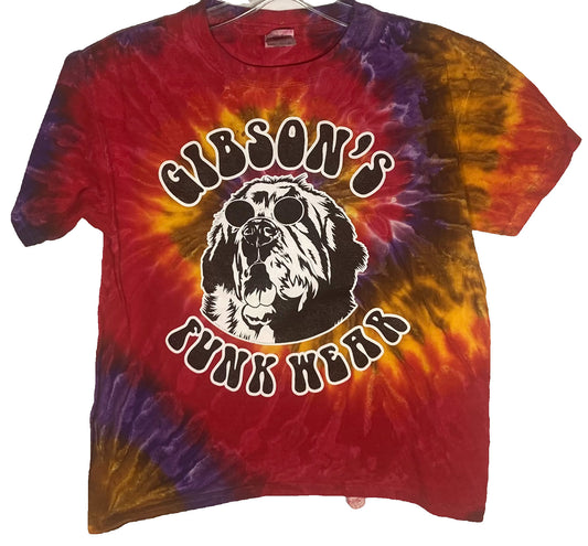 Alt text: "Inferno" tie-dye T-shirt from Gibsons Funk Wear featuring vibrant red, orange, and purple colors with a central graphic of a dog wearing sunglasses and the text 'Gibson's Funk Wear'.