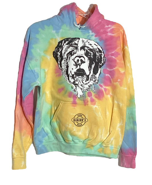 Colorful tie-dye hoodie with a graphic of a Saint Bernard's face on the front, featuring a logo that reads "Gibson's Funk Wear" on the pocket.