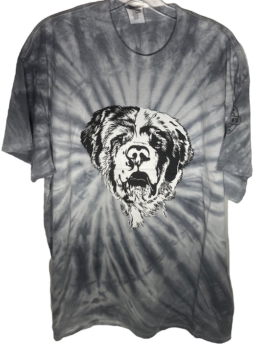 Gray tie-dye T-shirt featuring a large black and white graphic of a Saint Bernard dog's face on the front, with a logo detail on the right sleeve, from Gibsons Funk Wear.