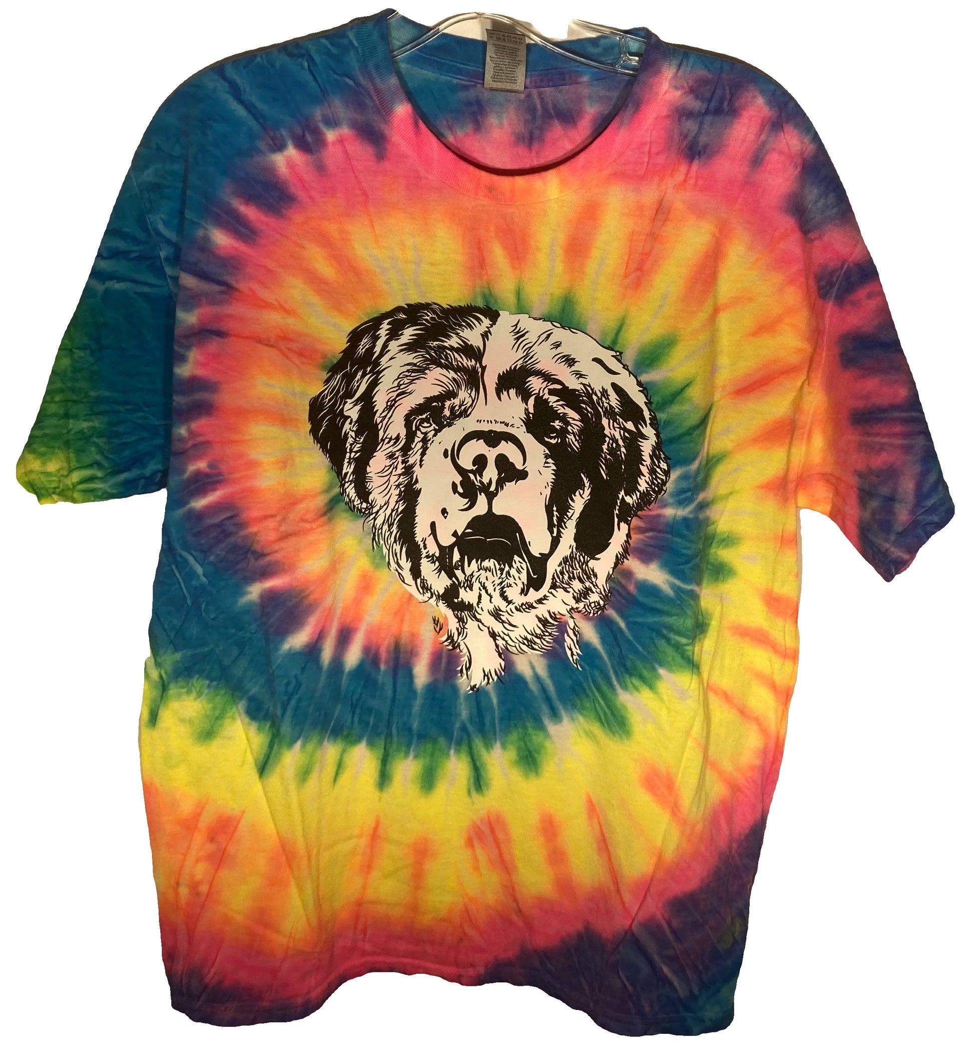 Colorful tie-dye t-shirt featuring a large black and white graphic of a dog's face centered on a vibrant background with swirls of blue, pink, yellow, and green.