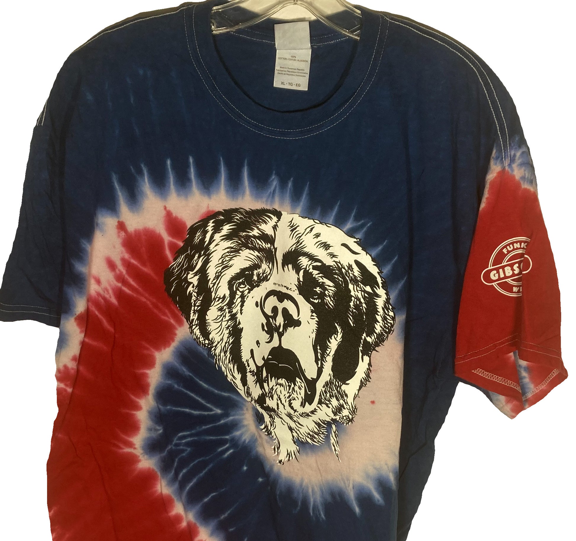 Blue and red tie-dye t-shirt featuring a large graphic of a Saint Bernard dog's face on the front, branded with a "Gibsons Funk Wear" logo on the sleeve.