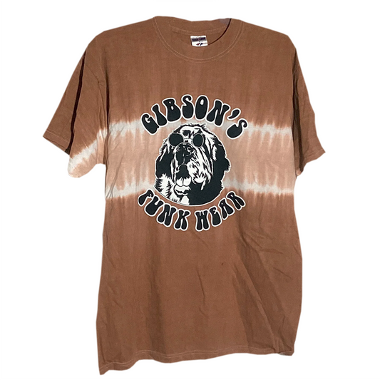 Brown tie-dye T-shirt featuring a graphic of a shaggy dog with the text "Gibson’s Funk Wear" around the image.