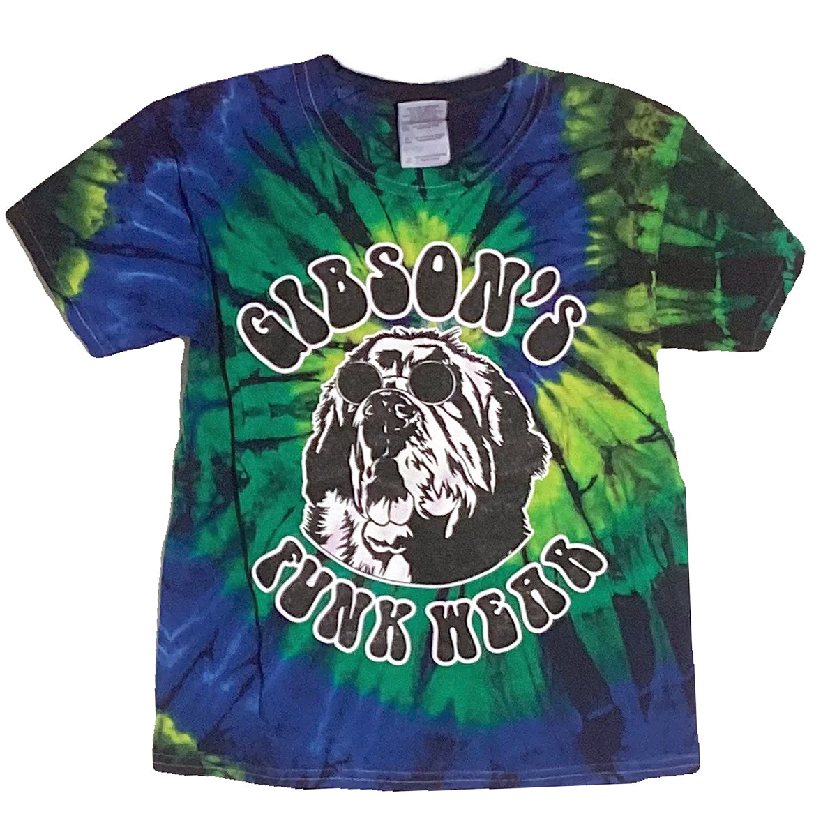Alt text: "Colorful 'Hurricane' Gibson's Funk Wear t-shirt featuring a distinctive tie-dye design in blue and green, with a large graphic of a dog wearing sunglasses and the text 'Gibson's Funk Wear'."