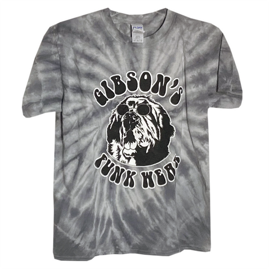 Alt text: "Marvin Gray 1" Gibson's Funk Wear T-shirt featuring a gray and white tie-dye design with a central black and white graphic of a dog wearing sunglasses and the text "GIBSON'S FUNK WEAR."