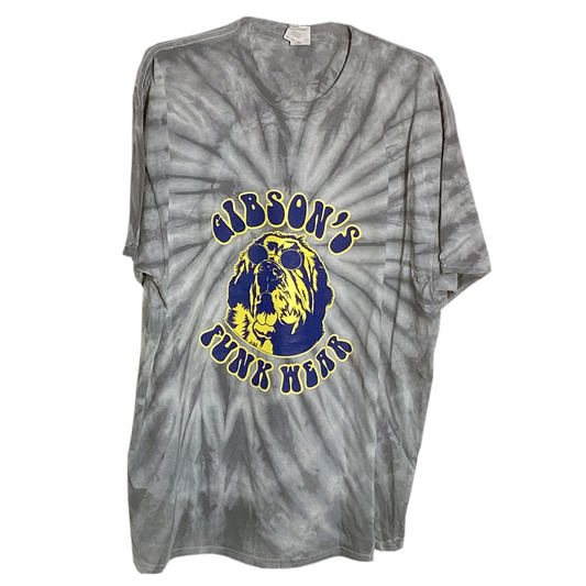 Alt text: "Marvin Gray 2" Gibson's Funk Wear T-shirt featuring a gold and royal blue print with a lion's head logo and the text 'Gibson's Funk Wear' on a gray tie-dye background.